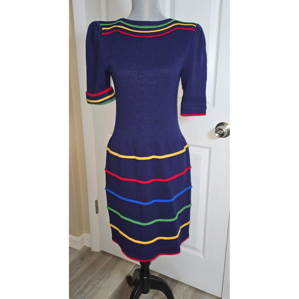 Vintage Adolfo Saks Fifth Avenue Navy Wool Knit Striped Sheath Dress Puff Sleeve